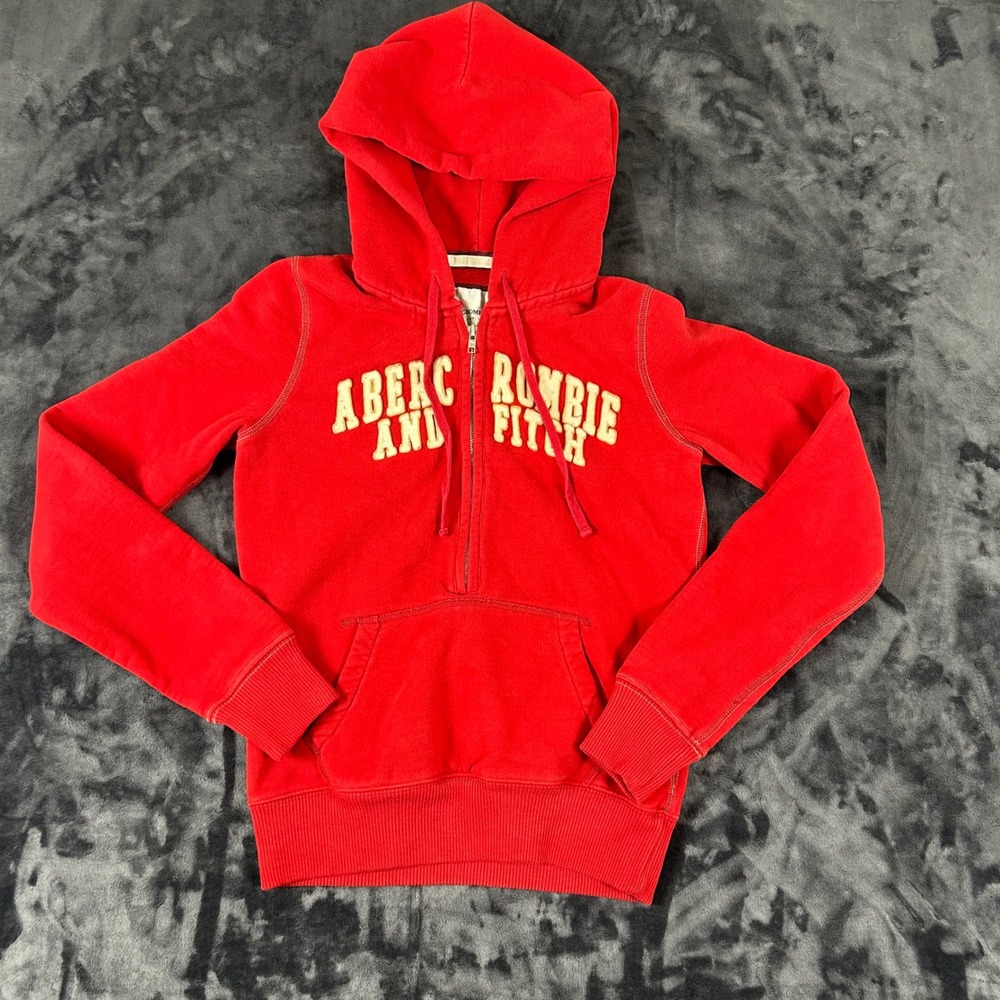 Abercrombie & Fitch Y2K Hoodie Women M Red Logo Quarter Zip Fleece Grunge